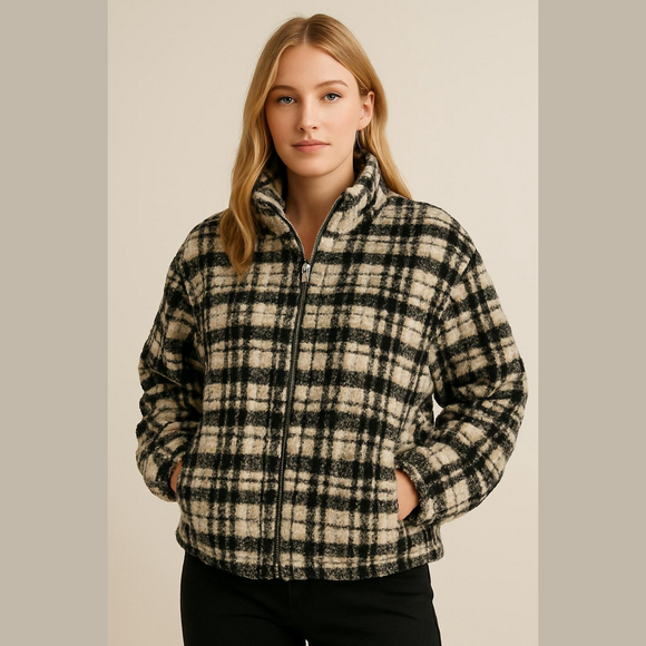 easel Jackets & Blazers - Easel Black and Cream Plaid Teddy Jacket L